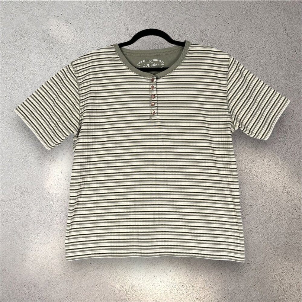L.A. Blues Striped Henley Tee Women’s L Green Ribbed Y2K Retro Casual Normcore - Picture 3 of 8